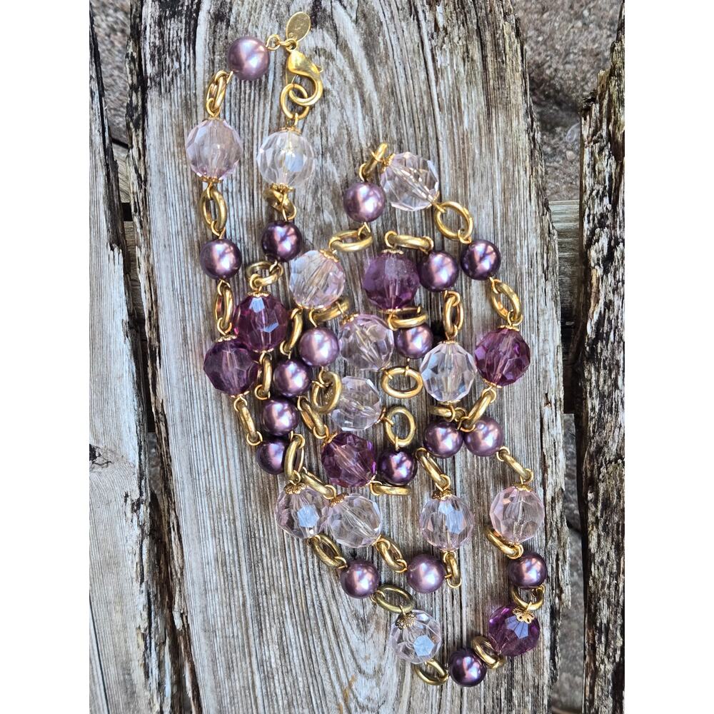 Vintage KJL Kenneth Jay Lane Violet/Clear Glass Beads & Pearl Long 44' Necklace - Picture 3 of 10